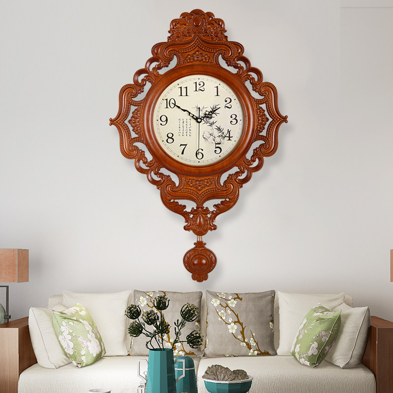 New Chinese decoration clock wall clock living room household fashion Chinese style clock silent art clock solid wooden quartz clock