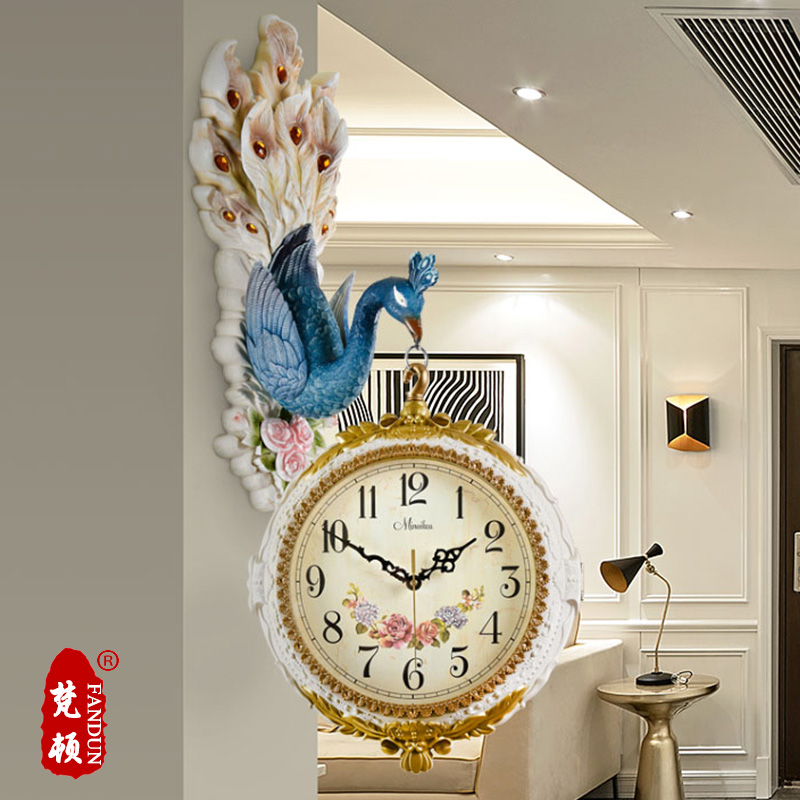 Eurostyle hanging clock modern double sided clock living room mute clock creative personality peacock decoration wall-mounted American home fashion