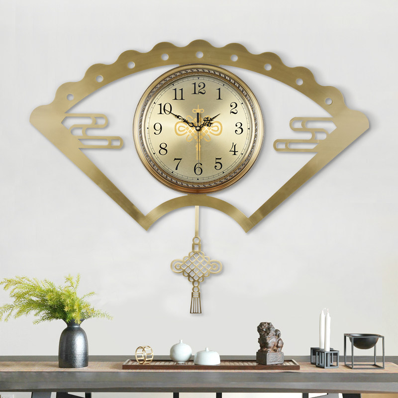 New Chinese Metal mute hanging clock Living room Creative China fan shaped decoration Home When used clock Fashion quartz Clock Table
