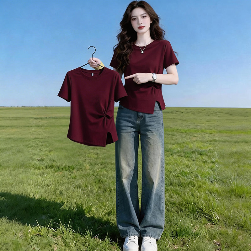 设计感扭结褶皱短袖t恤女2026年夏季新款小香风洋气减龄开叉上衣