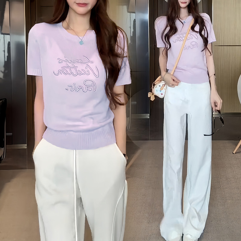 欧货时尚字母刺绣圆领短袖针织衫女2026夏季新款洋气减龄套头上衣