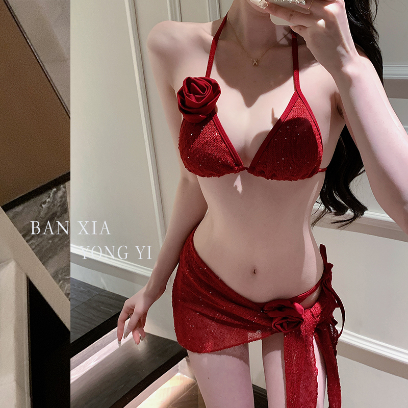 2025 New Red Handmade Floral Sexy Push-Up Hot Spring Resort Two-Piece Swimsuit Bikini with Straps Three-Piece Set 2025 New Red Handmade Floral Sexy Push-Up Hot Spring Resort Two-Piece Swimsuit Bikini with Straps Three-Piece Set
