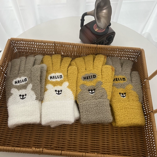 Милые перчатки, зимний мультяшный удерживающий тепло шерстяной трикотажный утепленный ветрозащитный комплект, с медвежатами