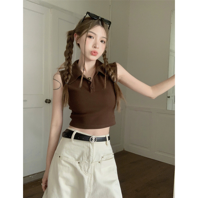 Polo Collar T-Shirt for Women, Summer 2023 New Style, Retro Slim Fit, Short Versatile Top, Trendy Sleeveless Top Polo Collar T-Shirt for Women, Summer 2023 New Style, Retro Slim Fit, Short Versatile Top, Trendy Sleeveless Top