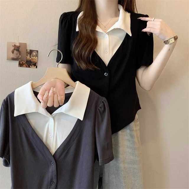Slim-fitting Korean button-down short-sleeved ice silk fake two-piece shirt