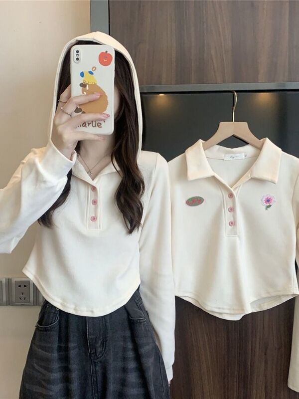 Spring New Style Pure Desire Polo Collar Long-Sleeve T-Shirt, Niche Short Design, Stylish and Unique, Covers the Body and Makes You Look Slimmer Spring New Style Pure Desire Polo Collar Long-Sleeve T-Shirt, Niche Short Design, Stylish and Unique, Covers the Body and Makes You Look Slimmer