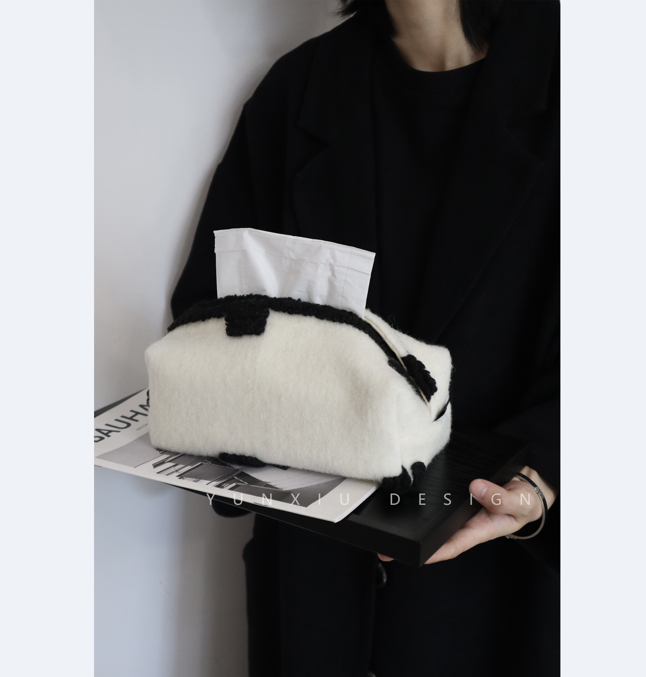 Original exclusive design wool fabric black and white abstract in tissue sleeve