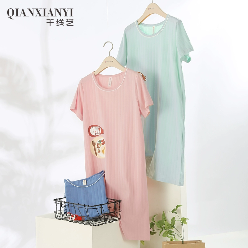 Fenteng Qianxianyi mùa hè quần áo ngủ ngắn tay phụ nữ cotton tinh khiết đồ ngủ mỏng ngọt ngào và dễ thương cô gái phục vụ tại nhà - Đêm đầm