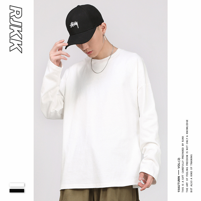 ins pure color casual blouse men's spring no cap loose round collar sleeve head heavy cotton t-shirt casual long sleeves hitch