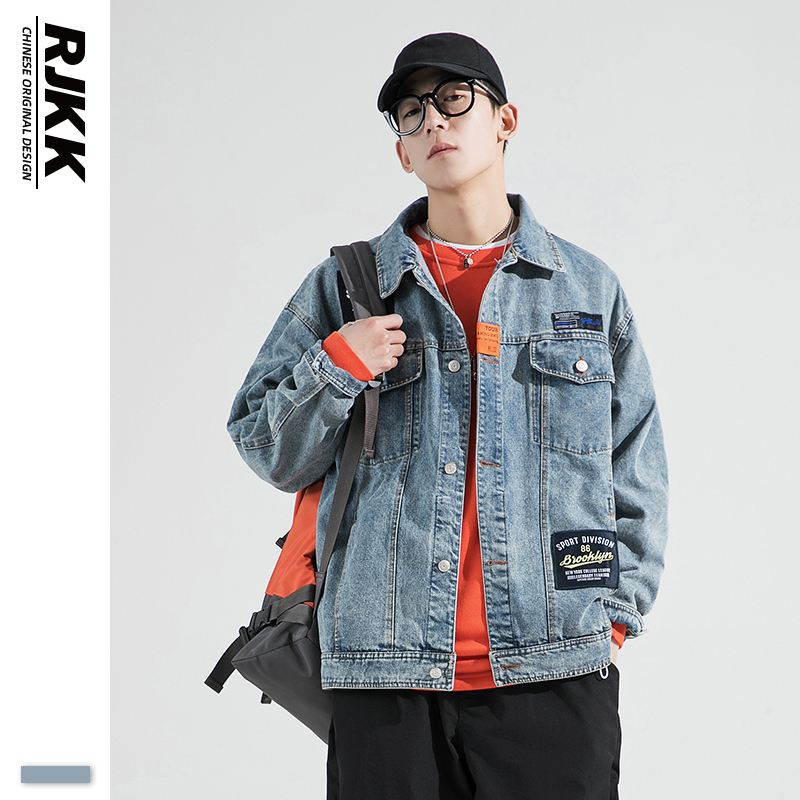 RJKK autumn retro denim jacket men's tide brand European and American street hip-hop loose tooling HIPHOP embroidered jacket