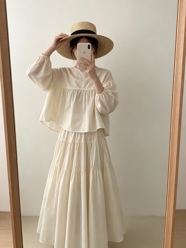 Morning Picnic 2026 New Style Pleated Loose Sweet Babydoll Shirt and Large Hem Skirt Two-Piece Set