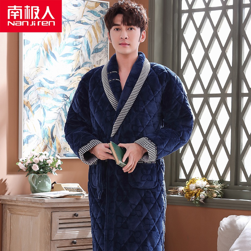 Antarctic pajamas men's Beibei velvet three-layer thickened cotton pajamas winter flannel mid-length bathrobe cotton jacket