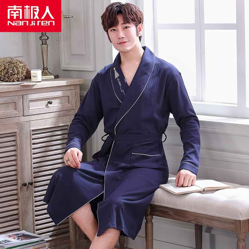 Sleeping Robes Men's Spring And Autumn Season Long Sleeves Pure Cotton Medium Long Version Bathrobe All-cotton Youth Men's Day Style Large Size Bathing Suit of Bathing Suit