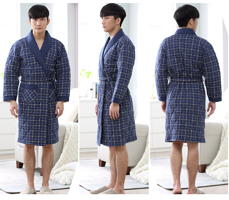 Mùa thu và mùa đông áo choàng nam áo choàng dày ba lớp đồ ngủ ấm áp cotton bông dài phần áo choàng bông XL pijama nam