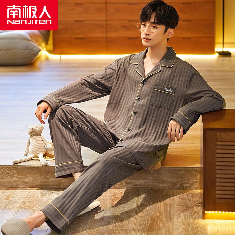 Sleepwear Men's Spring Fall Spring Fall Pure Cotton Long Sleeve Home Conserved Men's Full Cotton Autumn And Winter WINTER THIN SUIT 
