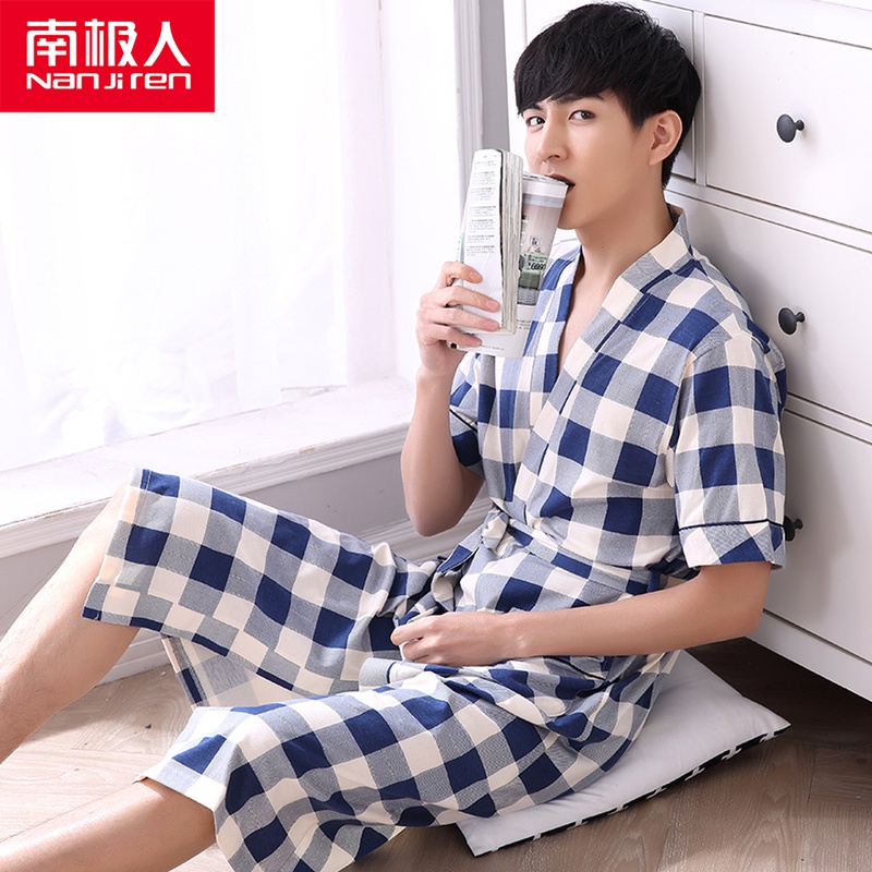 Young and middle-aged men's pajamas summer short-sleeved cotton pajamas bathrobes plus size cotton bathrobe men's summer thin section