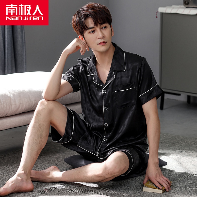 2022 New Sleepwear Men's Summer Ice Silk Short Sleeve Shorts Summer Silk Home Clothing Male Emulation Silk Thin