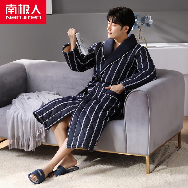 Antarctic pure cotton quilted men's pajamas thickened long version bathrobe men's winter bathrobe Japanese pajamas cotton winter