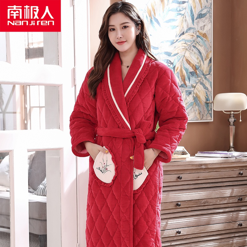 South Pole sleeping robe women's winter flange suede warm thickening long version autumn winter plus suede pajamas jacket cotton padded jacket Coral Suede Bath
