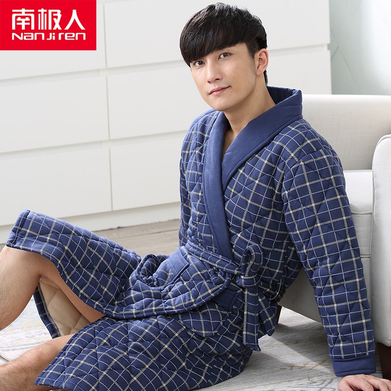 Autumn and winter men's pajamas bathrobes three-layer thickened warm pajamas pure cotton quilted long version plus size cotton bathrobe