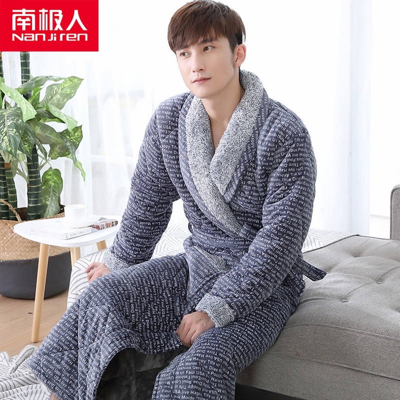 Male pyjamas winter coral suede clip cotton long version 3-layer bathrobe warm and thickened with velvety winter flannel pyjamas
