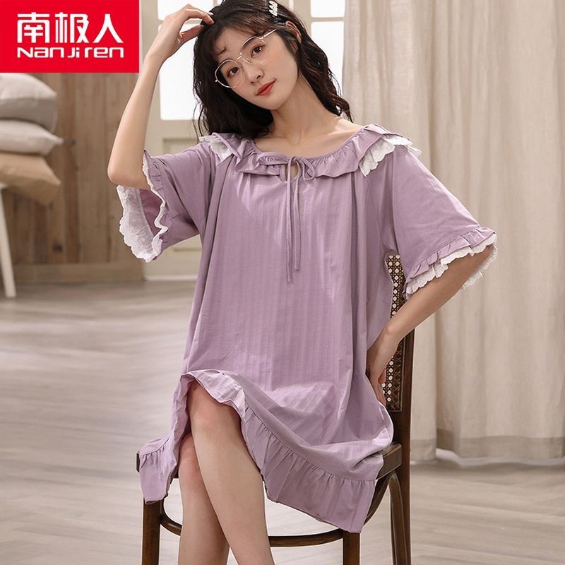 Antarctic sleeping dress summer pure cotton thin woman pregnant woman short sleeve loose princess wind pajamas woman summer