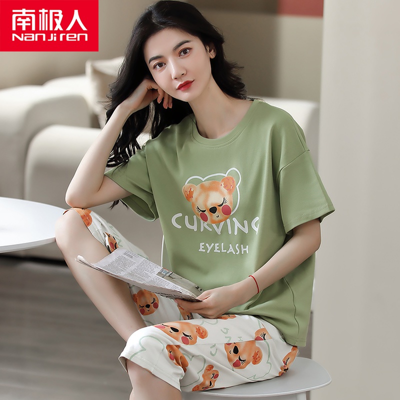 Sleepwear Women's Summer Pure Cotton Short Sleeves Thin Korean version 2022 New girlfriends Two sets of home Pants Suit 7 Pants Suit