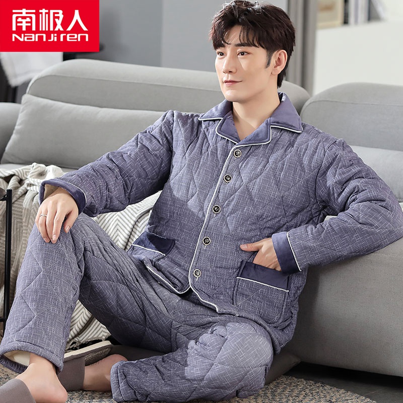 Winter men's sleepwear long sleeves pure cotton cloth Three layers clip cotton autumn winter thickened Garcotton medium Young home cotton suit suit
