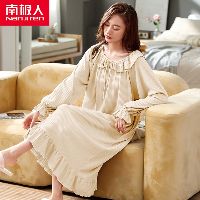South Pole Sleeping Dress Lady Spring Autumn Season Pure Cotton Long Sleeve Court Tinins Public Main Wind Sleep Less Lady Long Skirt House Dress
