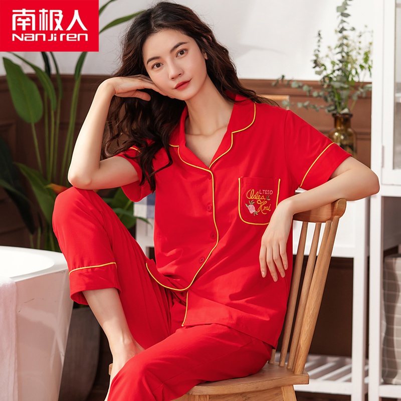 Rough pajamas girl for the life of the year pure cotton short sleeve trousers spring summer Han edition loose all cotton large cotton home suit
