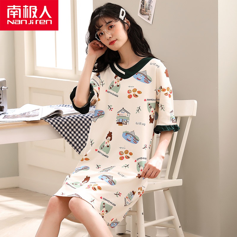 Summer Lady Pure Cotton Short Sleeve Sleeping Dress Woman Summer Han Edition V Collar Student Sleepwear Cute Thin and Loose Home Clothes