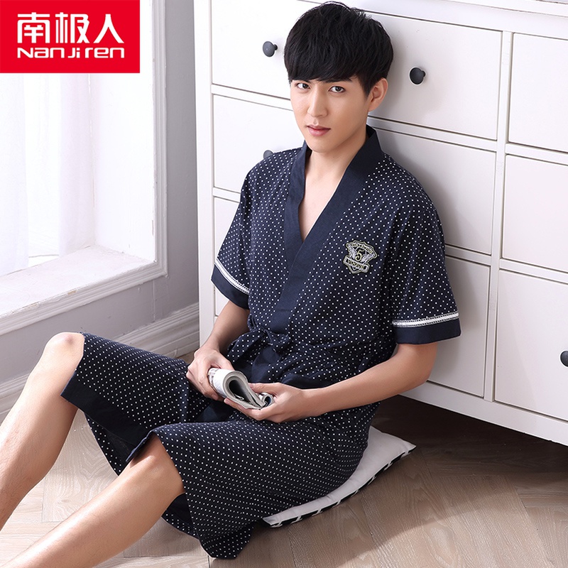 Summer nightgown Men's short-sleeved cotton extended bathrobe pajamas fat plus size cotton home wear Japanese