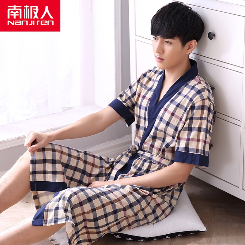 Sleeping Robe Men's Summer Pure Cotton Short Sleeves Summer Day Style Kimono Bathrobe Long Version Full Cotton Large Size Yard GaFat Youth Home Clothes