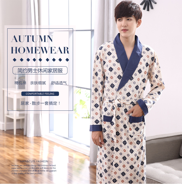 Áo choàng tắm cho người trung niên áo ngủ nam dài tay áo choàng tắm dài tay nam mùa xuân và mùa thu cotton đồ ngủ cotton áo ngủ trẻ em