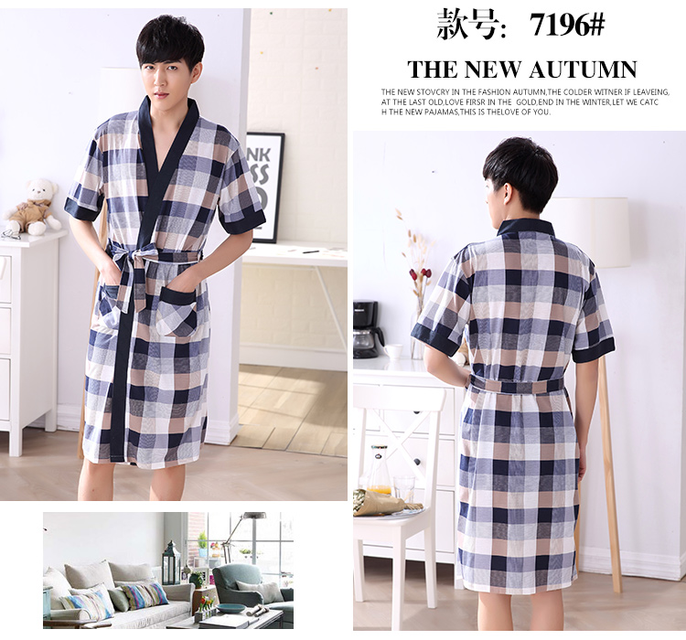 Giới trẻ Nam Áo ngủ mùa hè Tay áo ngắn Áo choàng dài Mùa hè Nửa tay áo Vải cotton mỏng Kích thước lớn Áo choàng tắm đồ bộ pijama