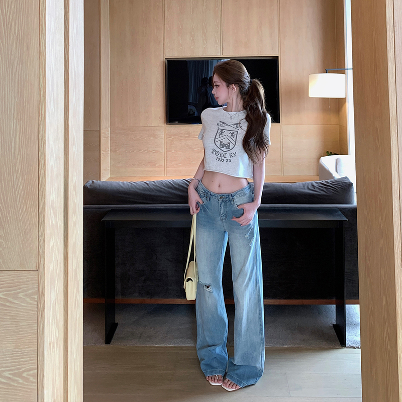 Qiu Rouyao [Crushed Ice Ripped Jeans] Straight-Leg Ripped Loose Mid-Low Waist Wide-Leg Women's New Jeans