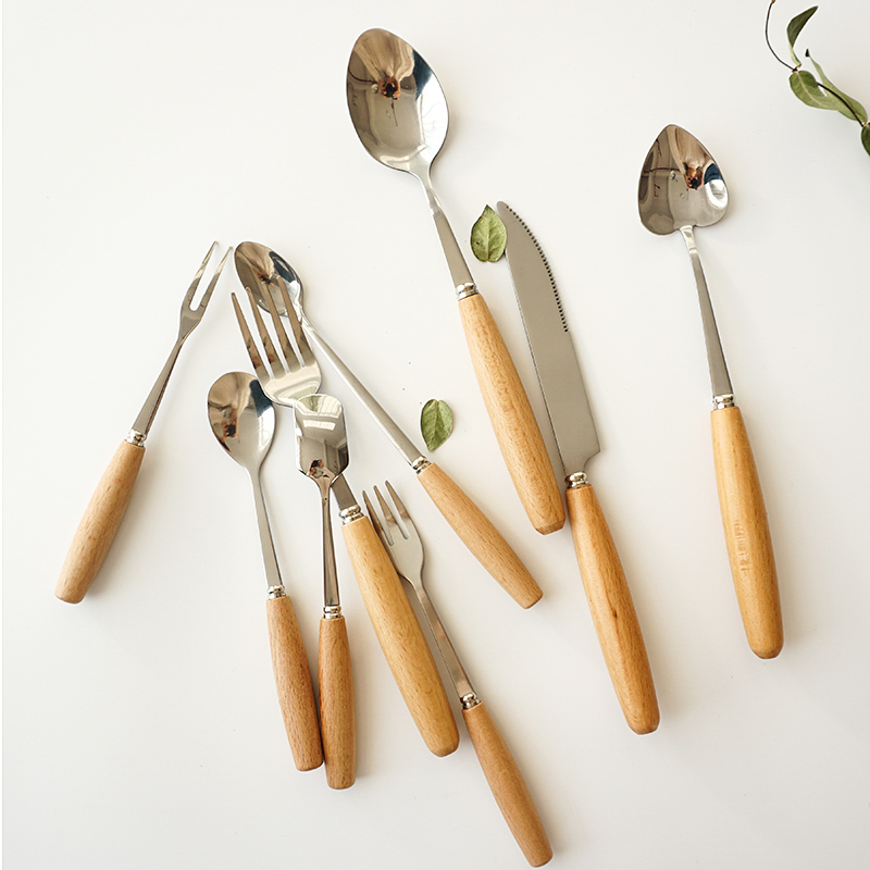 Western set Beech handle stainless steel western fork spoon Fruit pastry fork Coffee dessert spoon Steak tableware
