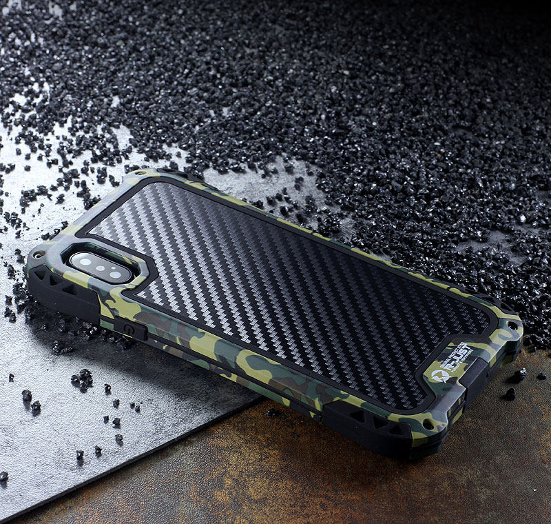 R-Just Amira Heavy Duty Dirtproof Shockproof Rainproof Aluminum Metal Bumper Carbon Fiber Back Cover Case for Apple iPhone X