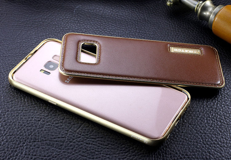 iMatch Luxury Aluminum Metal Bumper Premium Genuine Leather Back Cover Case for Samsung Galaxy S8 Plus/S8