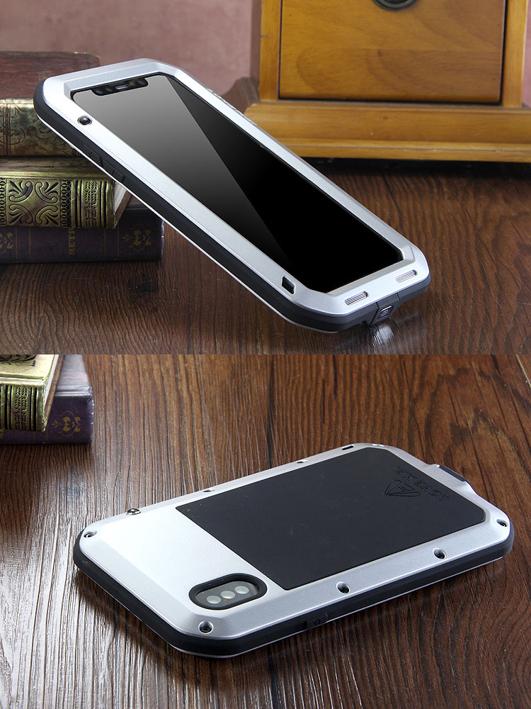 LOVE MEI Powerful Water Resistant Shockproof Dust/Dirt/Snow Proof Aluminum Metal Outdoor Gorilla Glass Heavy Duty Case Cover for Apple iPhone X