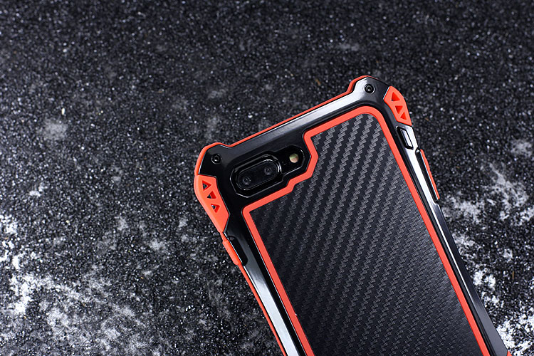 R-Just Amira Heavy Duty Dirtproof Shockproof Rainproof Aluminum Metal Bumper Carbon Fiber Back Cover Case for Apple iPhone 7 Plus & iPhone 7