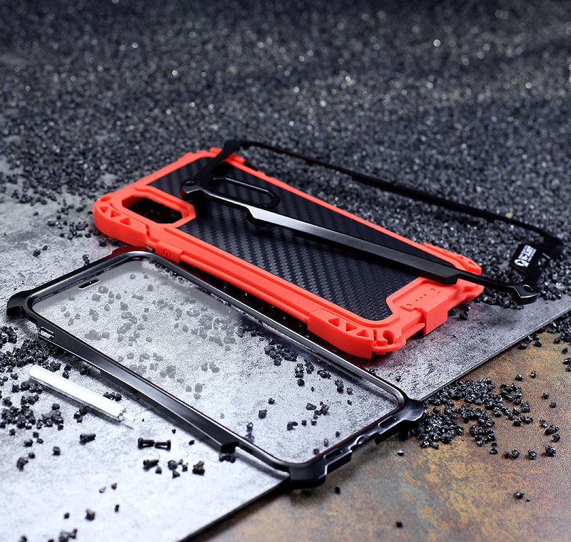 R-Just Amira Heavy Duty Dirtproof Shockproof Rainproof Aluminum Metal Bumper Carbon Fiber Back Cover Case for Apple iPhone X