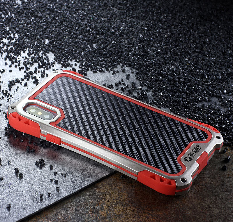 R-Just Amira Heavy Duty Dirtproof Shockproof Rainproof Aluminum Metal Bumper Carbon Fiber Back Cover Case for Apple iPhone X
