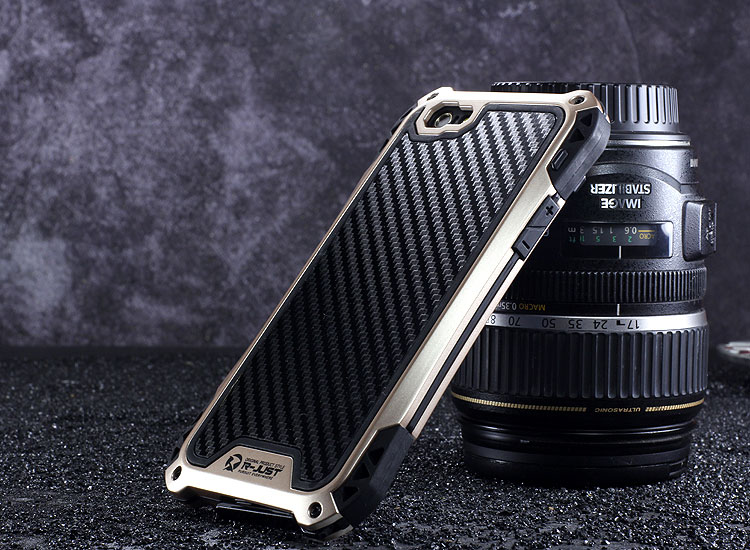 R-JUST Amira Heavy Duty Dirtproof Shockproof Rainproof Aluminum Metal Bumper Carbon Fiber Back Cover Case for Apple iPhone 6S/6 & iPhone 6S Plus/6 Plus & iPhone SE/5S/5