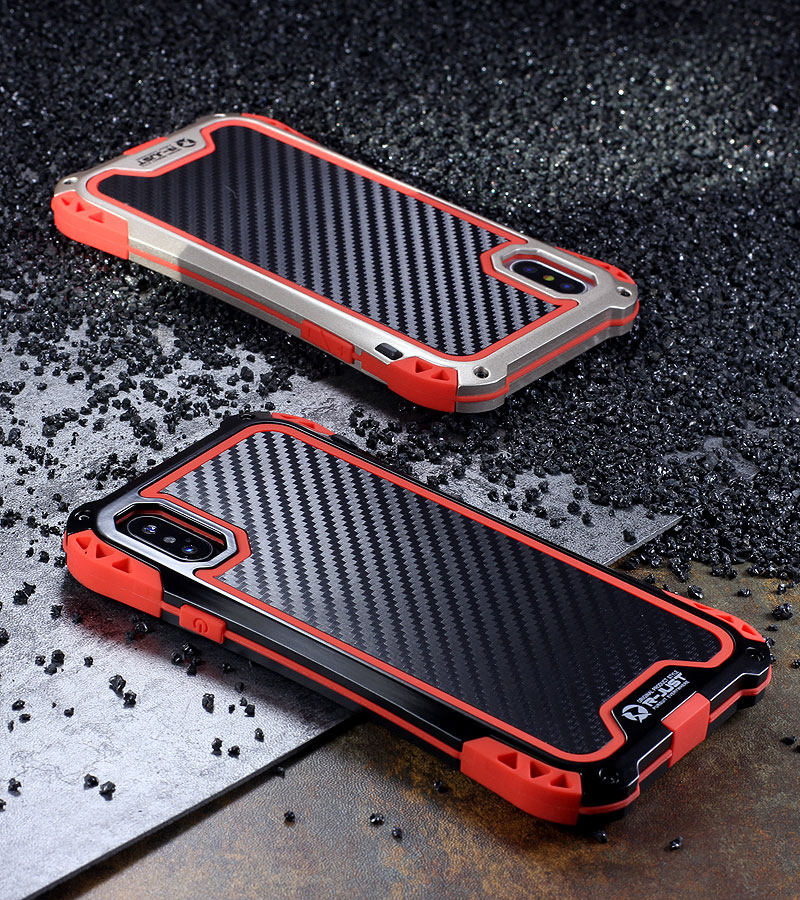 R-Just Amira Heavy Duty Dirtproof Shockproof Rainproof Aluminum Metal Bumper Carbon Fiber Back Cover Case for Apple iPhone X