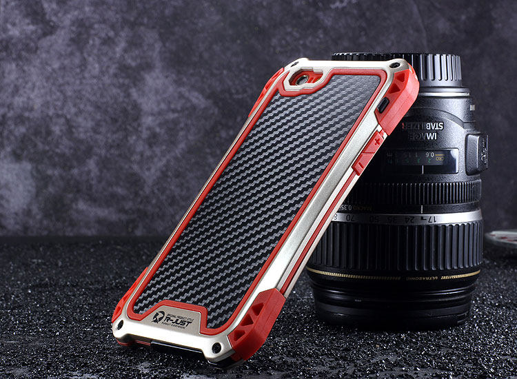 R-JUST Amira Heavy Duty Dirtproof Shockproof Rainproof Aluminum Metal Bumper Carbon Fiber Back Cover Case for Apple iPhone 6S/6 & iPhone 6S Plus/6 Plus & iPhone SE/5S/5