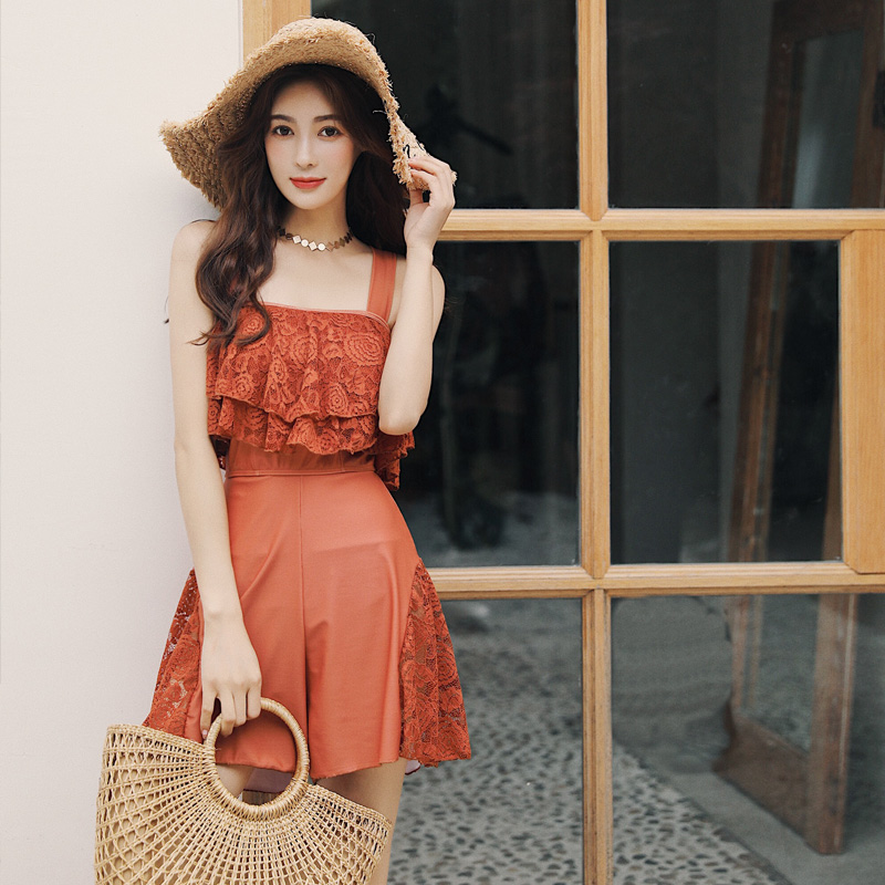 One-piece skirt swimsuit female ins wind Korean hot spring skirt ruffle small chest gathered to cover the belly thin conservative