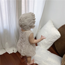 Qi Ji Xia new baby washed linen jumpsuit children sleeveless shirt Ha clothes lace hat ins Japanese