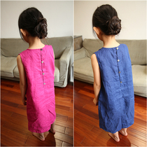 Xia new childrens clothing girls linen dress childrens sleeveless cotton vest long skirt literature and art fan solid color
