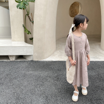 Seven sets spring and summer new childrens clothing large childrens linen Half sleeve dress girl solid color cotton linen skirt parent-child